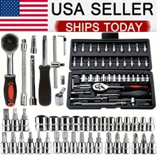 46Pcs Socket Set Car Repair Tool Ratchet Torque Wrench Kit 1/4" Drive with Box=+