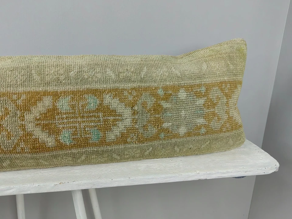 Kilim Lumbar 12x40 in Long Lumbar Pillow Turkish Rug Cushion Cover Wool Beige - Image 4 of 4