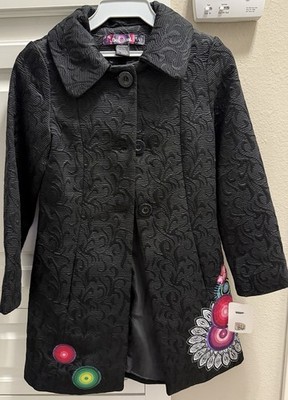 Desigual Girls Black Floral Embroidered Long Coat Button Size 9/10