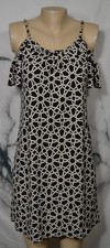 DRESSBARN Beige Black Geometric Print Cold Shoulder Flutter Sleeve Dress Small