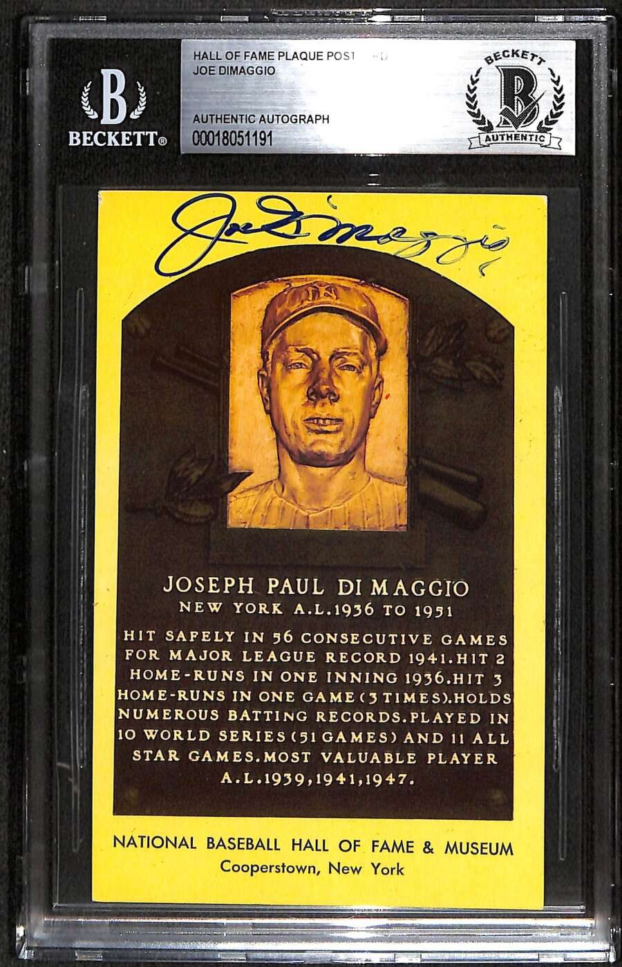Joe DiMaggio Autographed Signed New York Yankees 1964-Date Hall of Fame Plaque BGS Auto BAS C101355 