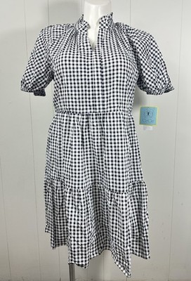 NWT CeCe Sz L Black & White Gingham Knee Length Short Sleeve Tiered Dress V neck