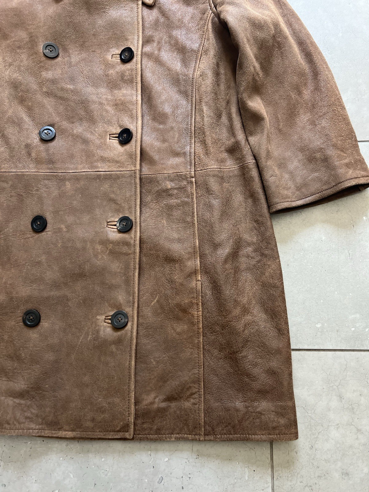 Sundance Weathered Brown Leather Peacoat Jacket Womens Sz Large Heavy Coat image 2