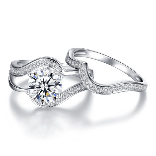 Hers Solid Sterling Silver His Stainless Steel Couple CZ Wedding Ring Band Sets - Picture 4 of 8