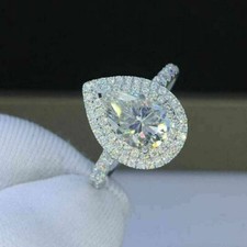 3.20CT Pear Shape Lab-Created Diamond Halo Engagement Ring 14K White Gold Finish