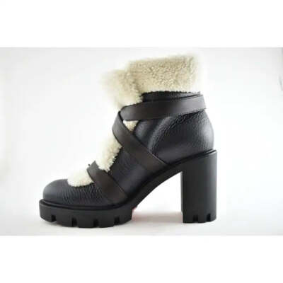 未使用 クリスチャンルブタン POLE CHIC 70 ムートンブーツ 36 Christian Louboutin Pole Chic 70 Black Leather Shearling Heel
