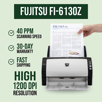 GOOD   Genuine Fujitsu FI-6130Z Duplex Document Scanner w/Adapter & USB Cable