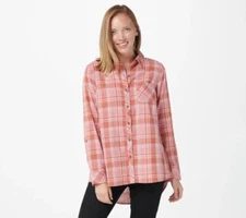 Isaac Mizrahi Live TRUE DENIM Plaid Shirt with Chambray Cuffs-Pink-Reg 0-A384139