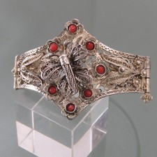 Bracciale In Argento Filigranato ° Corallo ° Farfalla ° Coral Silver Bangle