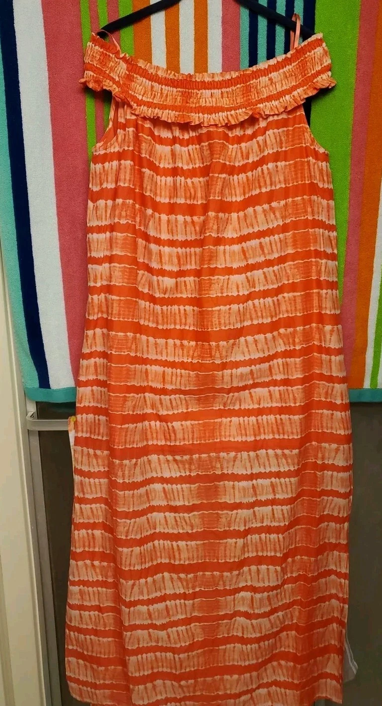 Abito donna Michael Kors tie dye arancione foderato senza maniche maxi tubino taglia L