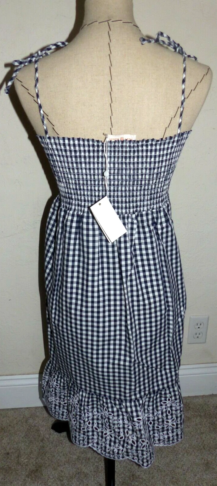 Abito da spiaggia TORY BURCH Gingham con occhielli Tory blu navy bianco taglia SMALL nuovo con etichette $258