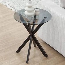 Modern Glass End Table, Small Round Side Table , Sofa Table 19.7" Wx21.7 H Black