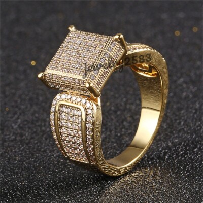 Men's 3Ct Genuine Moissanite Studded Square Ring 14k Yellow Gold Plated Silver