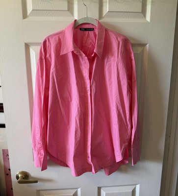 ZARA Women's Pink Solid Collared Button Front Long Sleeve Shirt Blouse M