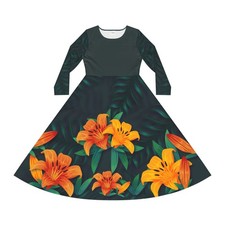 Women's Long Sleeve Floral Maxi Dress Orange Lily Print A-Line Casual Dress