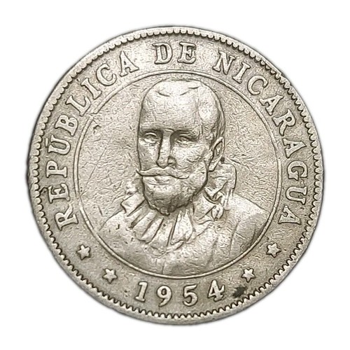 1954 Nicaragua 10 Centavos VF Coin KM 17 Francisco Hernandez de Cordoba & Sun