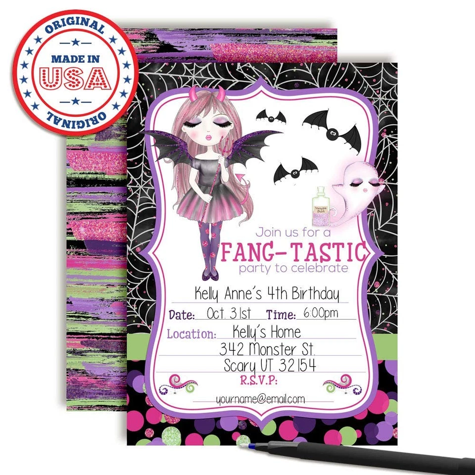 Fang-tastic Niña Vampiro Halloween Fiesta Cumpleaños Invitaciones, 20 5x7 Relleno... Foto 4 de 4