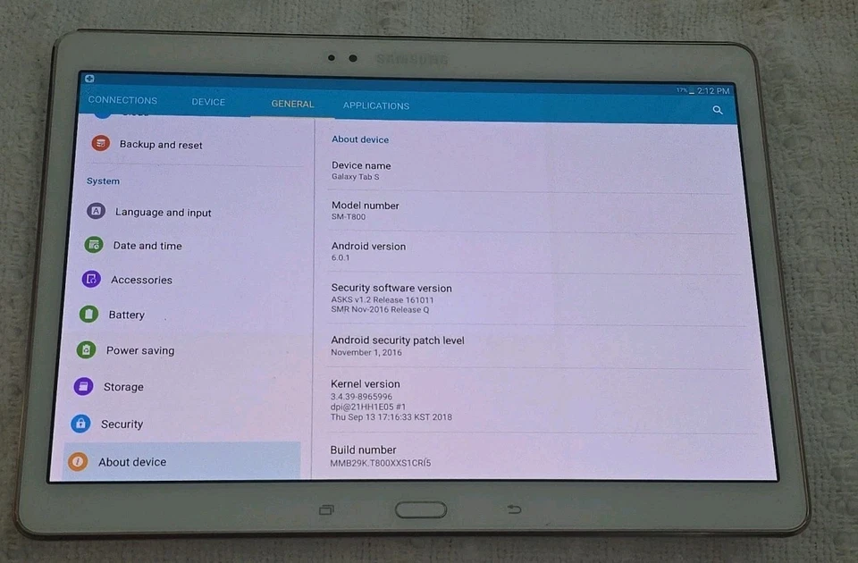 Samsung Galaxy Tab S, SM-T800, 16 GB, Blanco, Solo Wi-Fi, Android, Tablet, Restablecer Foto 2 de 4