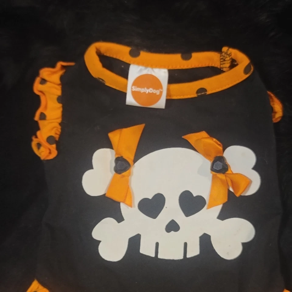 Adorable Vestido Naranja y Negro Pokadot, Calavera y Huesos Cruzados Con Lazos Perro Talla Xs Foto 2 de 4