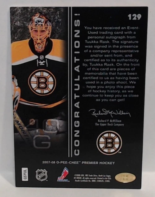 2007-08 O-PEE-CHEE PREMIER TUUKKA RASK ROOKIE AUTO QUAD PATCH /299 BRUINS - Image 2 of 2