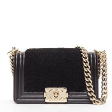 Chanel Boy Small Shearling Leather Gold Cc Chain Flap Bag Women Black One Size