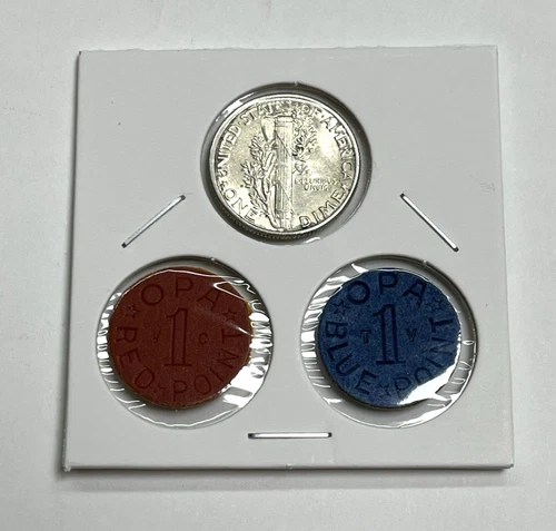 Silver WW2 Set - BU 90% Silver 1942 Mercury Dime w/ Blue & Red OPA Ration Tokens
