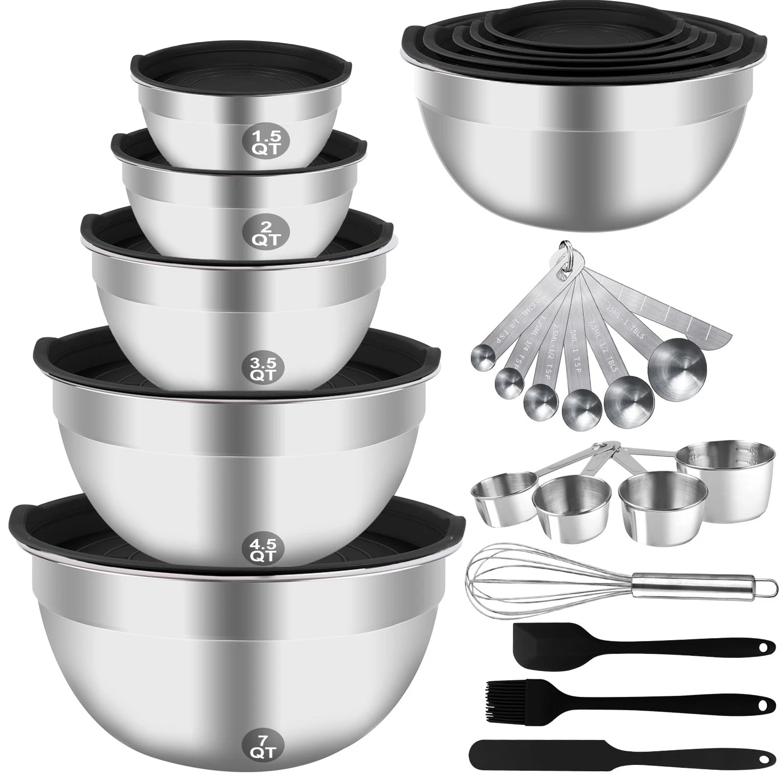 Stainless Steel Mixing Bowls Set 25PCS with Lids, Measuring Cups & Spoons