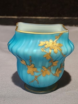 Thomas WEBB Blue Satin Gilt Glass 3'' Cabinet Vase Jules BARBE Enamel c. 1880