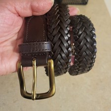Boy's Small 22" - 24" Leather Brown Braided Adjustable Belt Brass Buckle