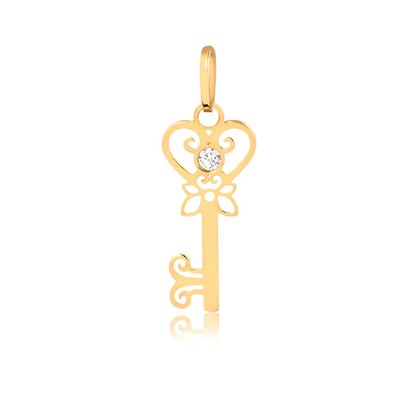 Key Shaped 18k Solid Gold Cubic Zircon Heart charm for Chain Girls Teens