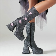 Women's Glitter Chunky Platform Round Toe Mid Calf Boots with Zipper and Heart