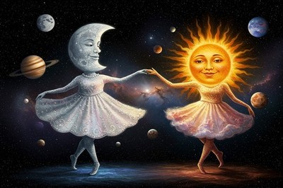 The Moon And Sun Dancing Painting Wall Art Print Printed On Canvas Artprint