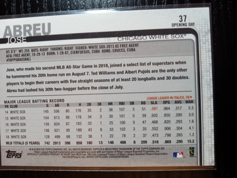 2019 Topps Jose Abreu #37 Opening Day Red - Image 4 of 4