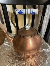 vintage COPPER TEA POT Kettle BLUE WHITE CERAMIC Handle & Knob tea kettle
