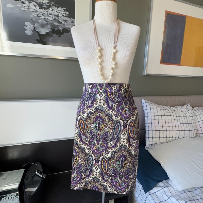 / J. Crew The Pencil Skirt Purple Paisley Cotton Summer Spring Office NWOT US 2