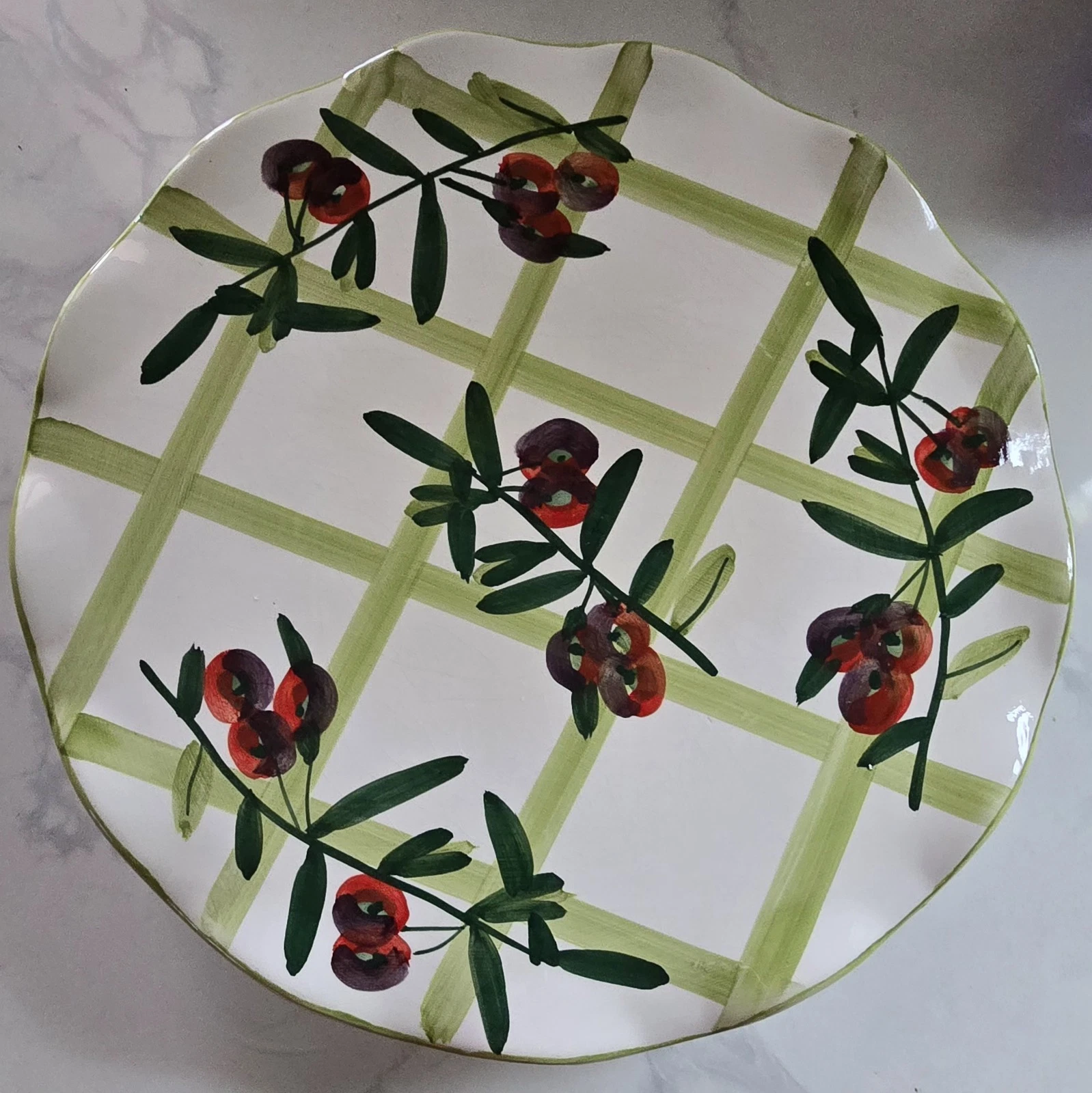 Cherry Pie Recipe Ceramic Pie Plate Green Scalloped Edge 11” Wide