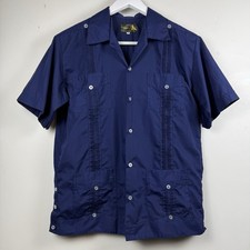 Vintage Yuca Guayabera Shirt Mens SZ 36 Navy Blue 4 Pocket Pleated Merida Mexico
