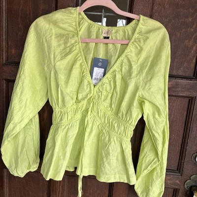NWT Universal Thread Green Linen Blend Long Sleeve Blouse Size Small