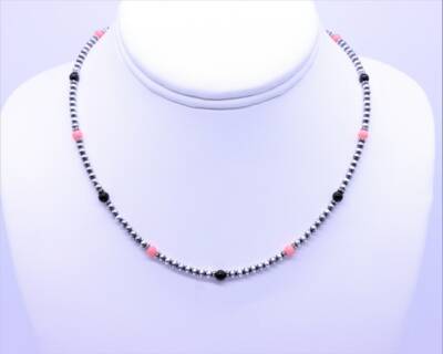 Pink Bamboo Coral, Black Onyx & Silver Navajo Pearl Beaded Southwestern Necklace