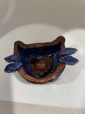 Art Pottery Trinket Catch All Small Round Dish Signed Kitty Cat  