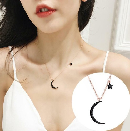 Pave Black CZ Rose Gold Titanium S. Steel Moon Star Pendant Chain Necklace - Picture 3 of 3