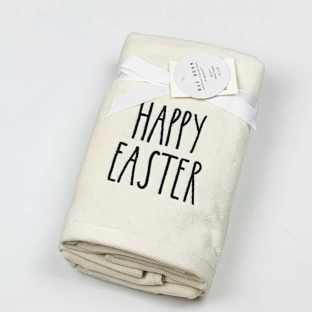 Rae Dunn Magenta Happy Easter Bunny Embroidered Hand Towels Set of
