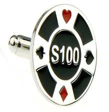 Poker Chip Pair Cufflinks Black Silver $100 Wedding Gift Box & Polishing Cloth