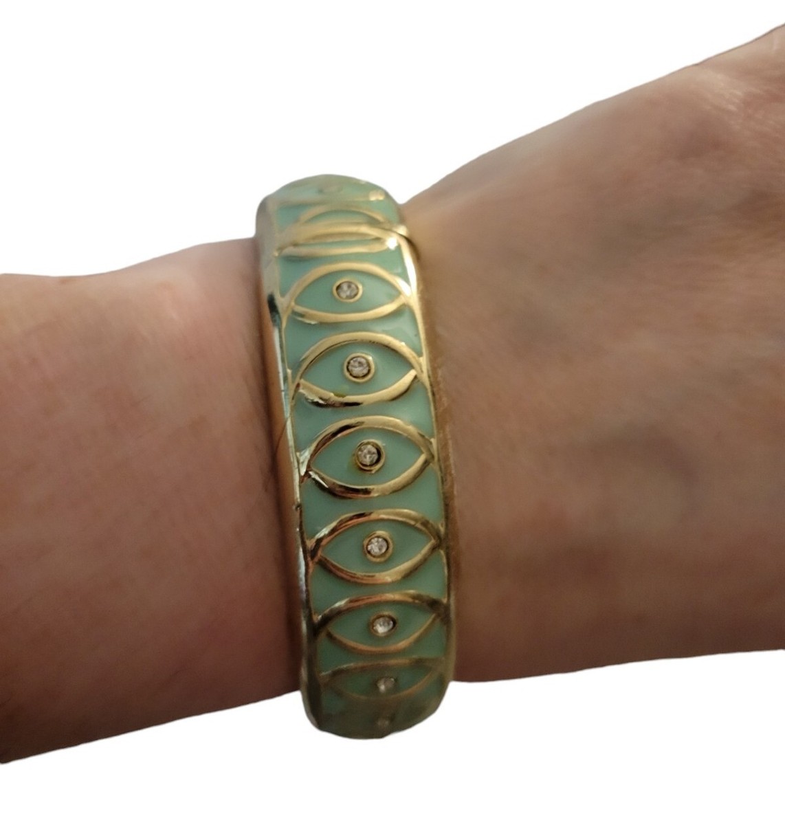 Sage Green Swirl Pattern Crystal Bracelet Clamper Hinged Silvertone View 2