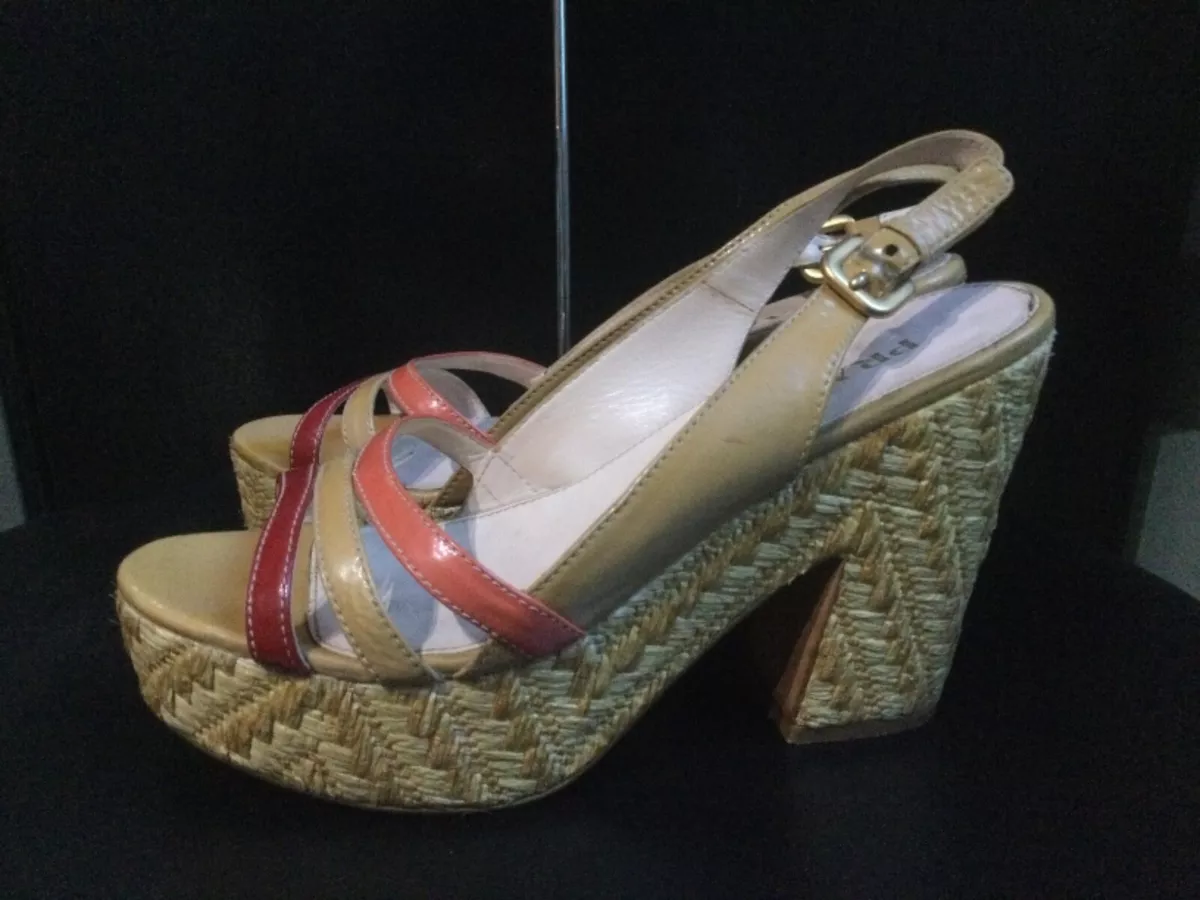 PRADA Beige Multicolor Patent Leather Women’s Platform Shoes Heels Size 38  1/2