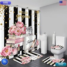 AZHM 4Pcs Pink Shower Curtain Set Rugs Accessories