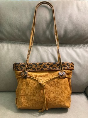 Vintage Carlos Falchi Designer Ostrich & Python Tote Shoulder bag _Yellow Ochre