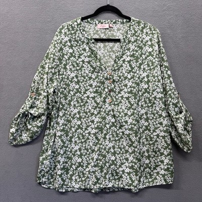 Millers Floral Loose Fit Roll Sleeve Green Top Womens 18 Casual V Neck
