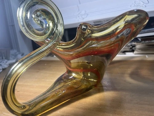 Vtg Hand Blown Murano Style Ozark Art Glass Red-orange Swirl Swan Bowl Dish