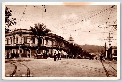 Messina Via Garibaldi Italy RPPC Tram Lines Palm Tree Vintage Postcard E160